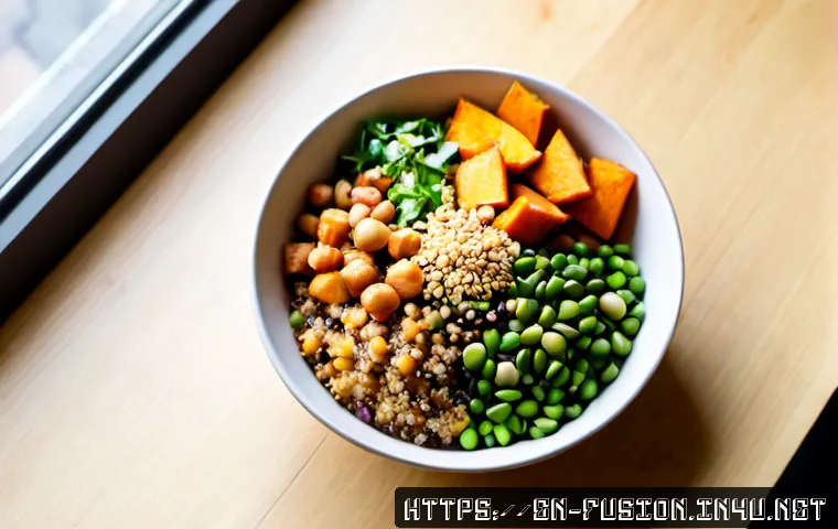 퓨전 샐러드와 건강 트렌드 - Photorealistic overhead view of a vibrant fusion salad bowl combining quinoa, roasted sweet potato, ...