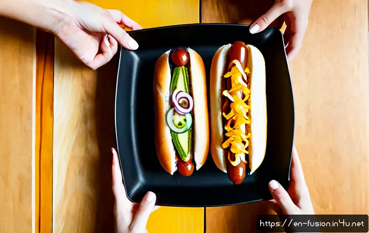 퓨전 핫도그의 DIY 키트 - Photorealistic overhead kitchen scene of a gourmet fusion hot dog DIY kit neatly arranged on a light...