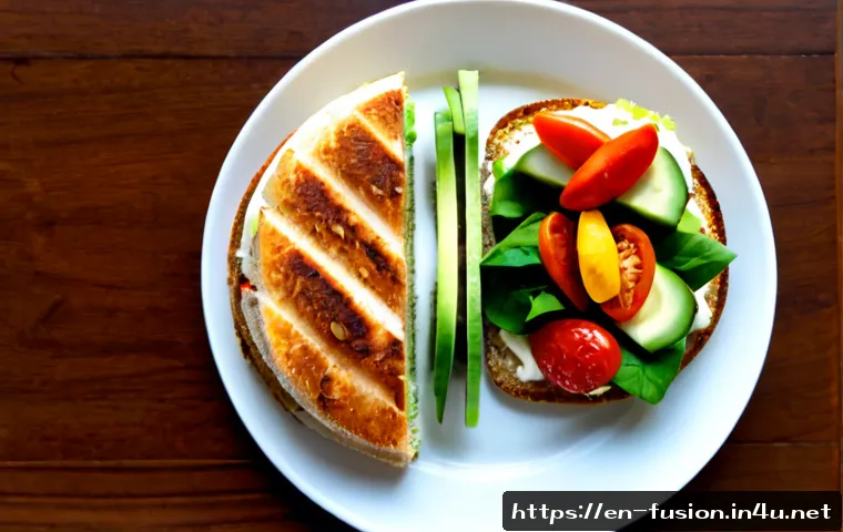 퓨전 샌드위치의 저당 레시피 - Photorealistic overhead food photography of a low-sugar fusion sandwich on a matte ceramic plate, gr...