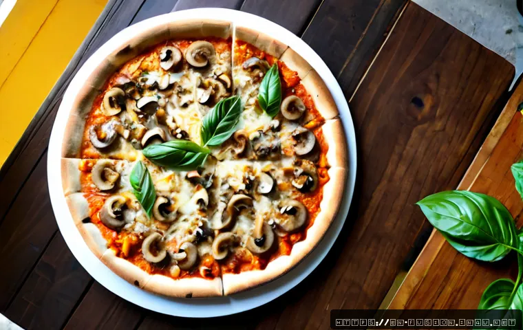 퓨전 피자의 대체 육류 사용 - Photorealistic overhead food scene of a freshly baked fusion pizza topped with clearly visible plant...