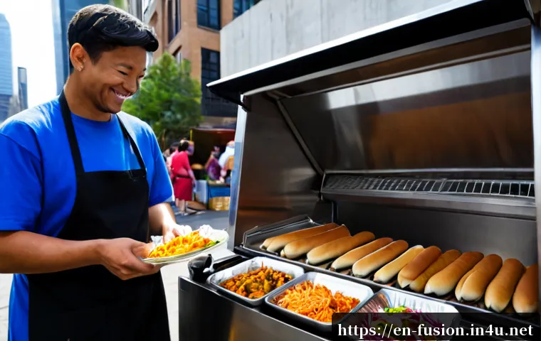 퓨전 핫도그의 대중화 과정 - Photorealistic street-food scene showing the early popularization of fusion hot dogs at a lively Ame...